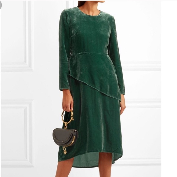 MAJE Green Velvet Velour Asymmetrical Peplum Dress - Picture 2 of 8